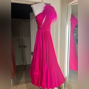 Fuchsia, Feather One-Shoulder Evening Gown by Tarik Ediz